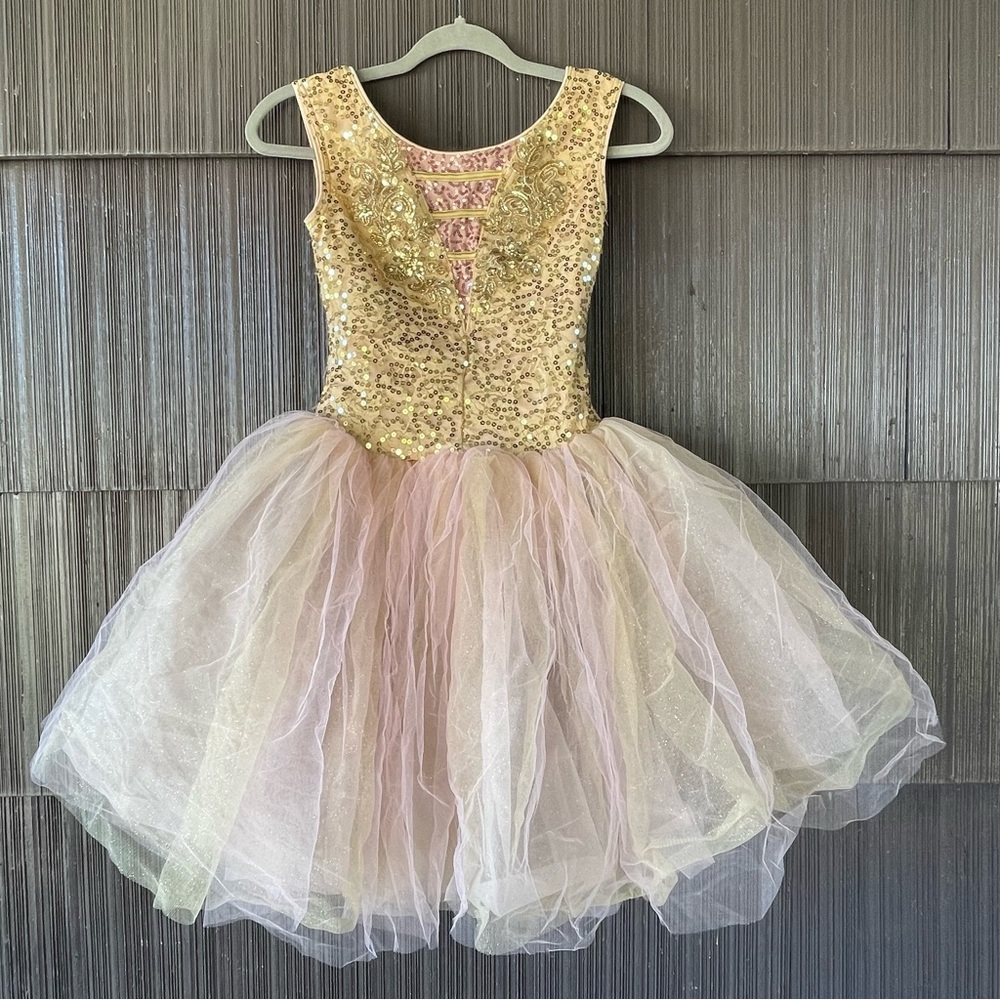 🔥Weissman Gold Dance Costume With sequins Four layers tutu over glitter tulle